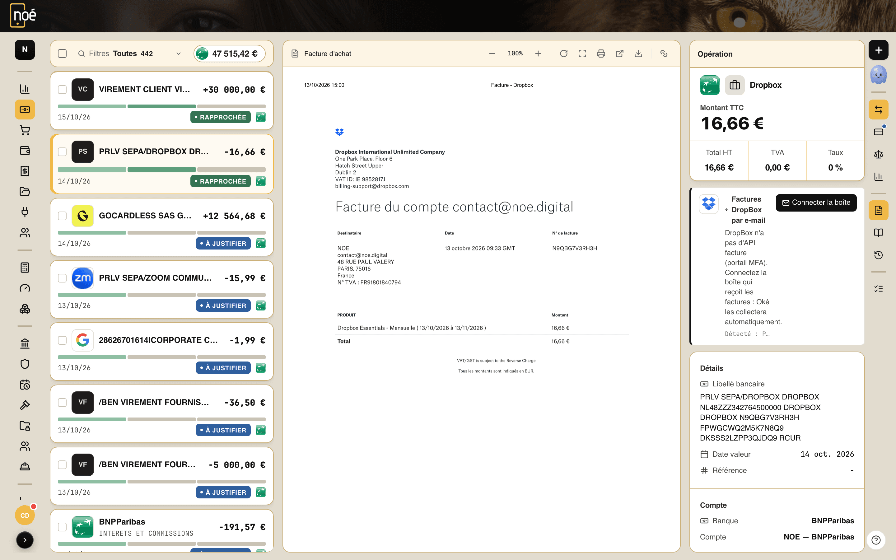 Oké bank screen: the Noé file's BNP Paribas statement, transactions matched to their invoices